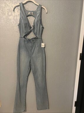 Free People Light Blue Denim Cutout Overalls Jumpsuit